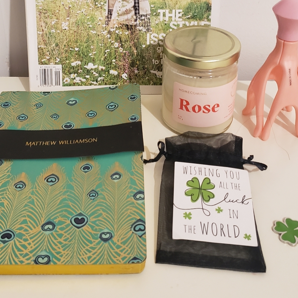 Country retreat Set- rose soy Candle, Matthew Williamson Jade Peacock Notebook